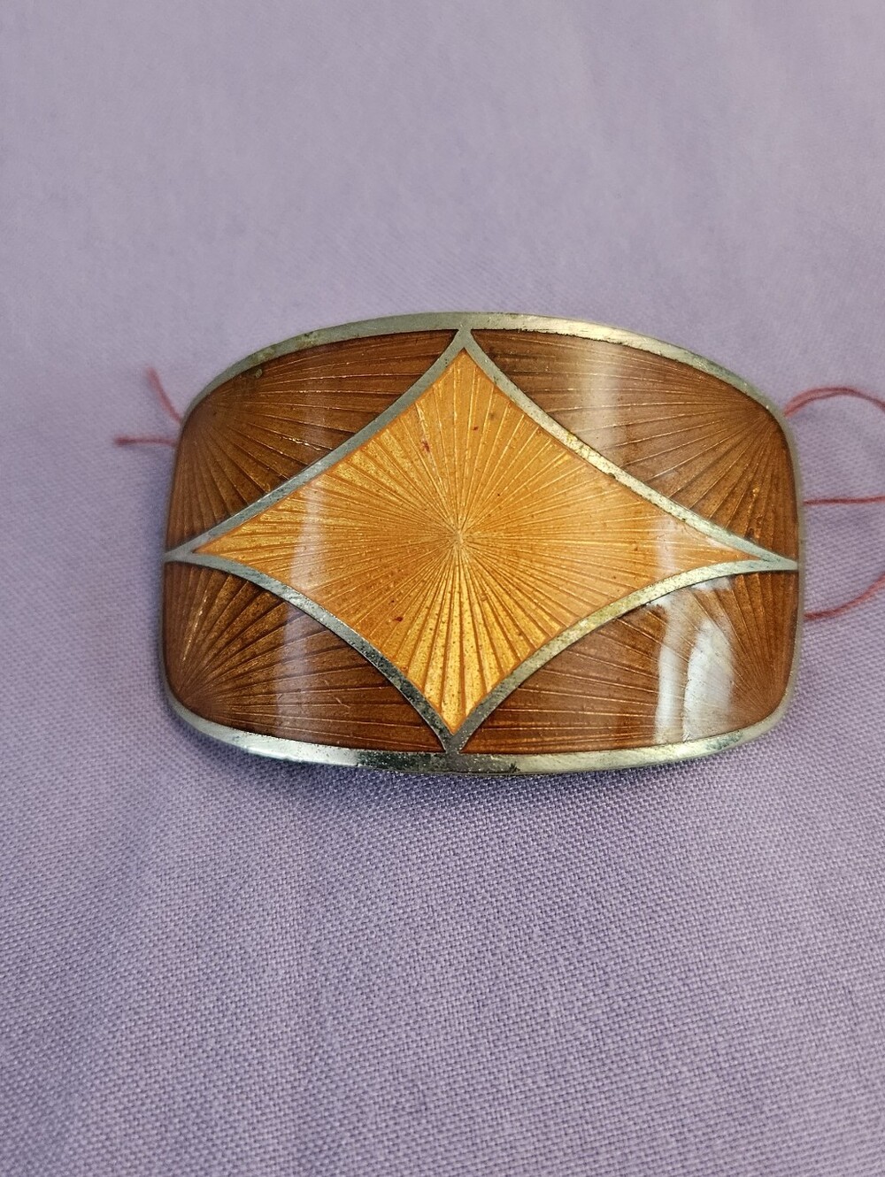 Wide Enamel Cuff Like Pin Brooch in Burnt Orange and Gold